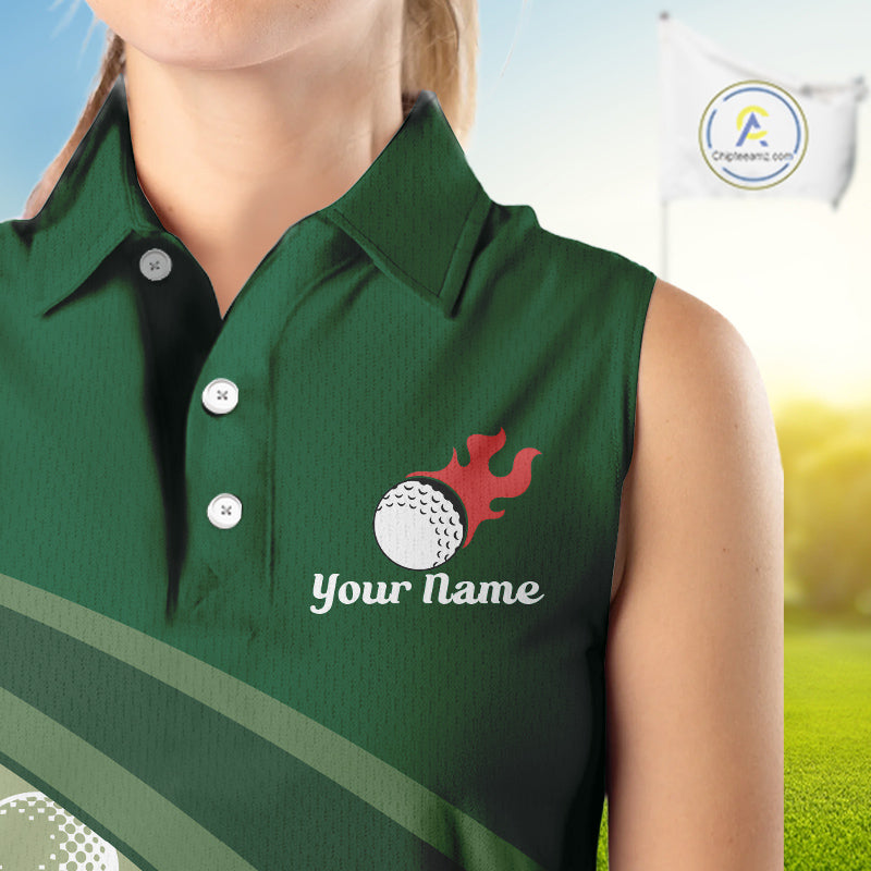 close up funny golf balls pattern on womens sleeveless green golf polo shirt for ladies
