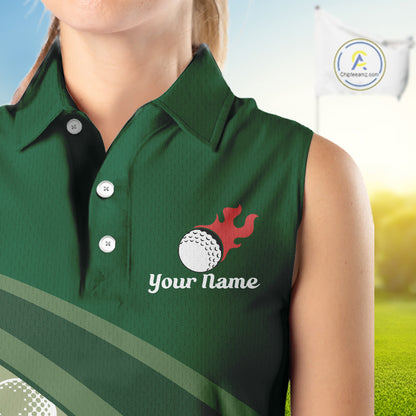 close up funny golf balls pattern on womens sleeveless green golf polo shirt for ladies