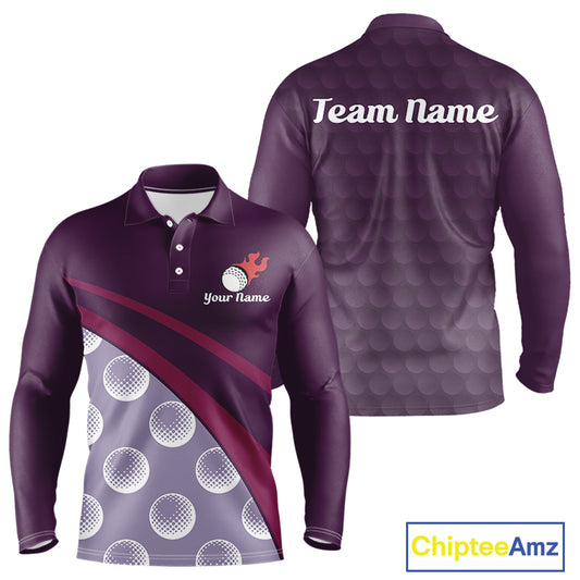 Funny golf balls pattern mens long sleeve golf polo shirt custom name - front view