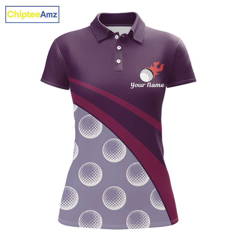 front view of funny golf balls pattern womens purple golf polo shirt for ladies
