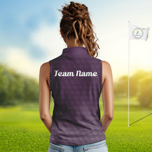 Load image into Gallery viewer, woman in funny golf balls womens purple golf polo shirt with team name 