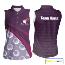 Load image into Gallery viewer, front view of funny golf balls pattern womens purple golf polo shirt for ladies