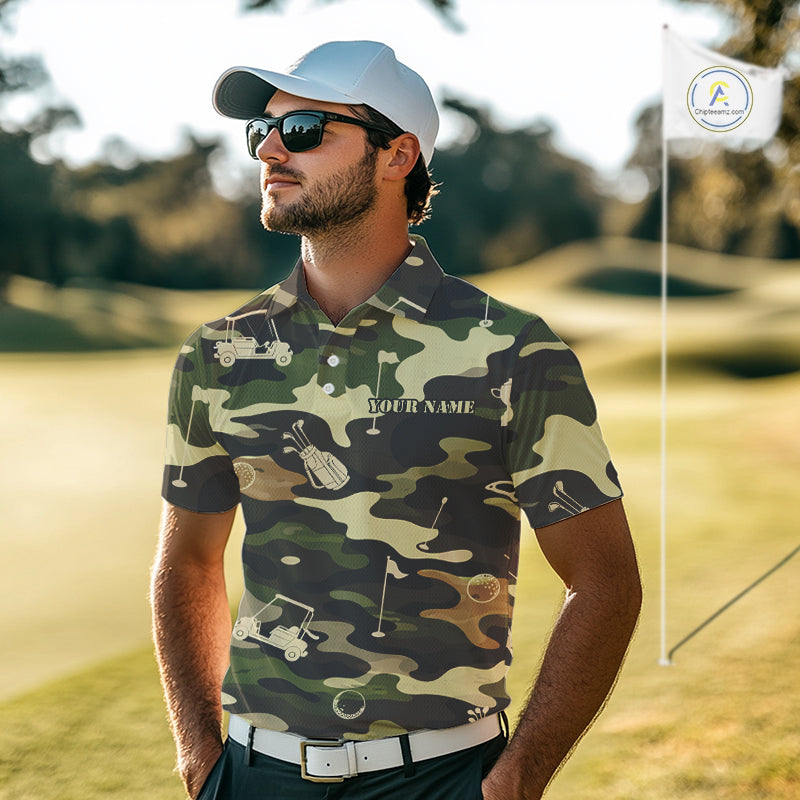 Green Camo Mens Golf Polo Shirts Custom Golf Attire For Men, Personalized Golfer Gifts NBT626