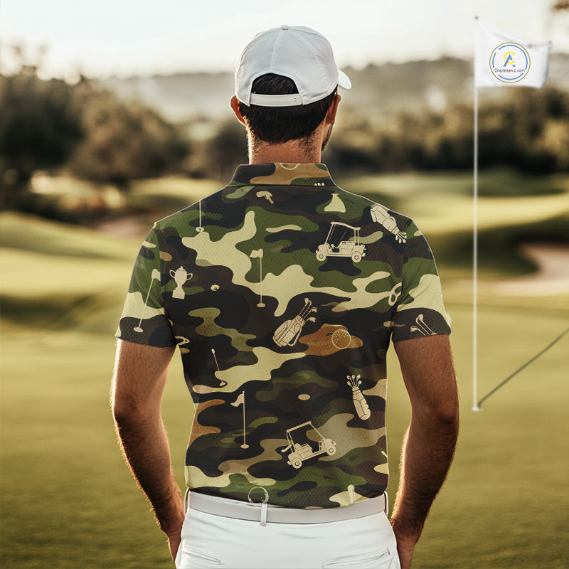 Green Camo Mens Golf Polo Shirts Custom Golf Attire For Men, Personalized Golfer Gifts NBT626