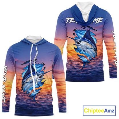 Front and back view Marlin Fishing Sunset custom long sleeve hooded fishing shirt, marlin offshore fishing apparel with sunset marlin graphic and personalized name