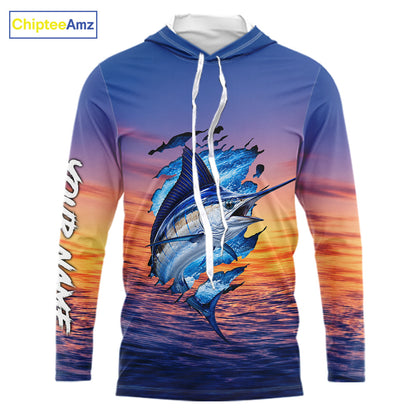 Front view Marlin Fishing Sunset custom long sleeve hooded fishing shirt, marlin offshore fishing apparel with sunset marlin graphic