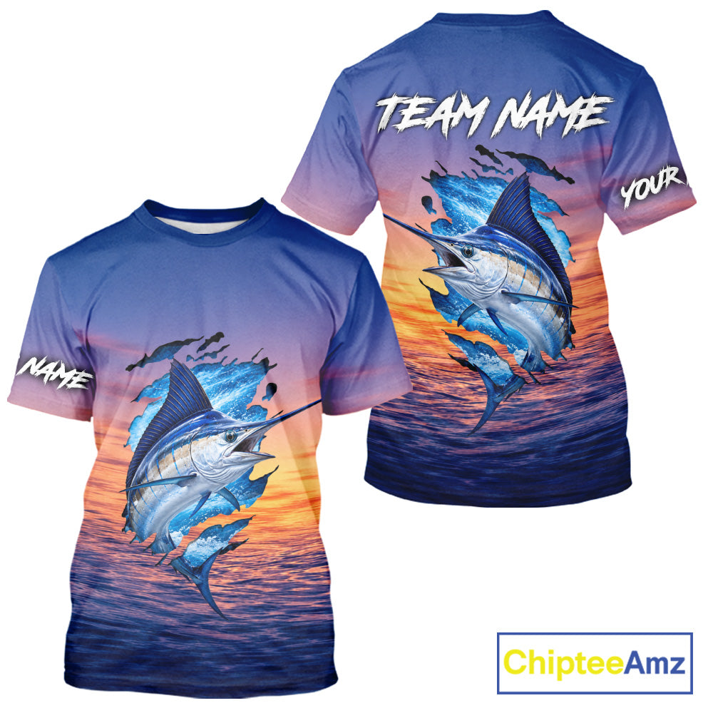 Marlin Fishing Sunset Custom Fishing T-Shirt, Marlin Offshore Fishing Apparel NBT853