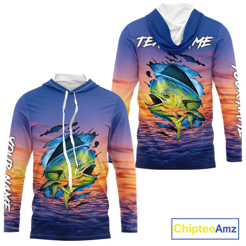 Front and back view Mahi Mahi Fishing Sunset custom long sleeve hooded fishing shirt, mahi mahi offshore fishing apparel with sunset mahi mahi graphic