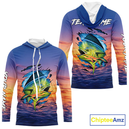Front and back view Mahi Mahi Fishing Sunset custom long sleeve hooded fishing shirt, mahi mahi offshore fishing apparel with sunset mahi mahi graphic
