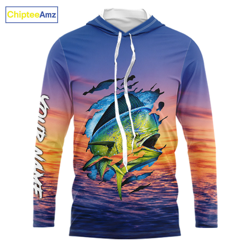 Front view Mahi Mahi Fishing Sunset custom long sleeve hooded fishing shirt, mahi mahi offshore fishing apparel with sunset mahi mahi graphic