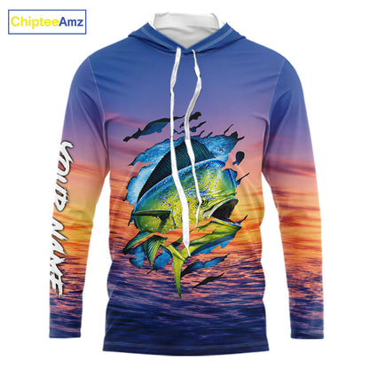 Front view Mahi Mahi Fishing Sunset custom long sleeve hooded fishing shirt, mahi mahi offshore fishing apparel with sunset mahi mahi graphic