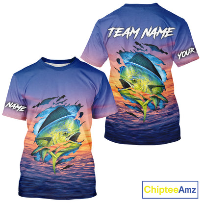 Mahi Mahi Fishing Sunset Custom Fishing T-Shirt, Mahi Mahi Offshore Fishing Apparel NBT854