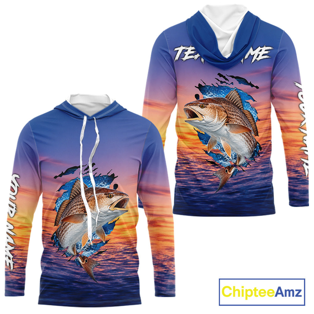 Front and back view Redfish Fishing Sunset custom long sleeve hooded fishing shirt, redfish offshore fishing apparel with sunset redfish graphic