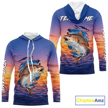 Front and back view Redfish Fishing Sunset custom long sleeve hooded fishing shirt, redfish offshore fishing apparel with sunset redfish graphic