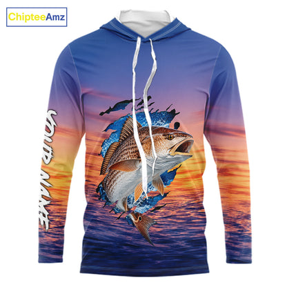 Front view Redfish Fishing Sunset custom long sleeve hooded fishing shirt, redfish offshore fishing apparel with sunset redfish graphic