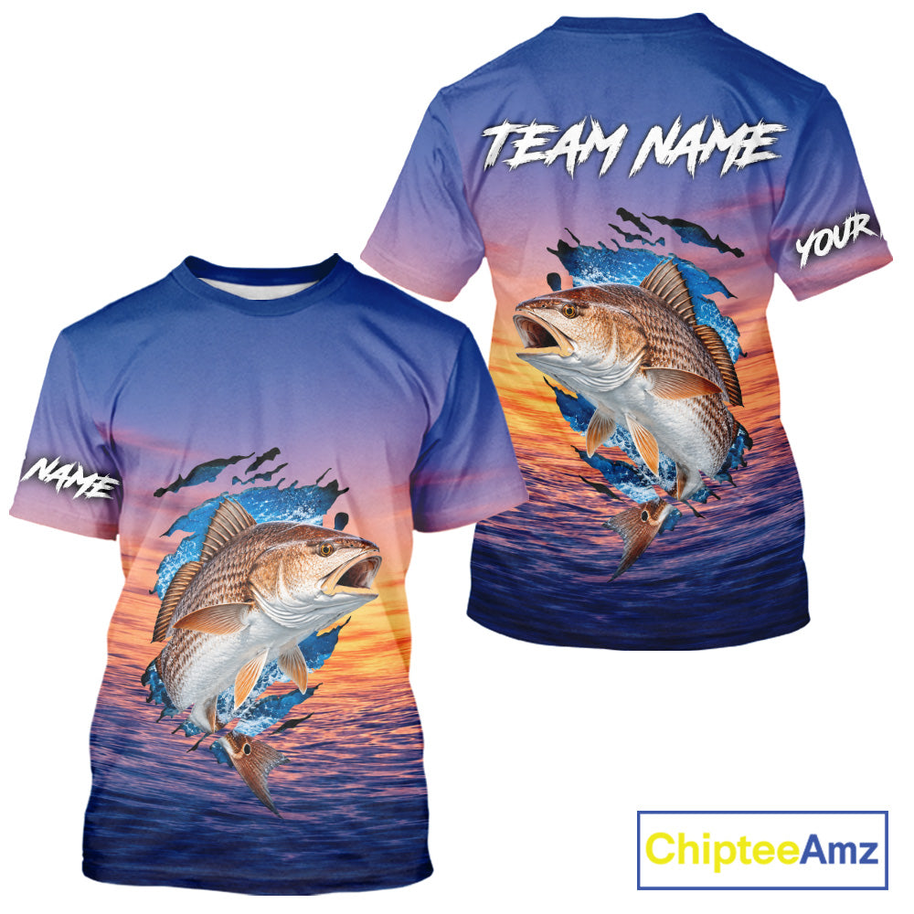 Redfish Fishing Sunset Custom Fishing T-Shirt, Redfish Offshore Fishing Apparel NBT855