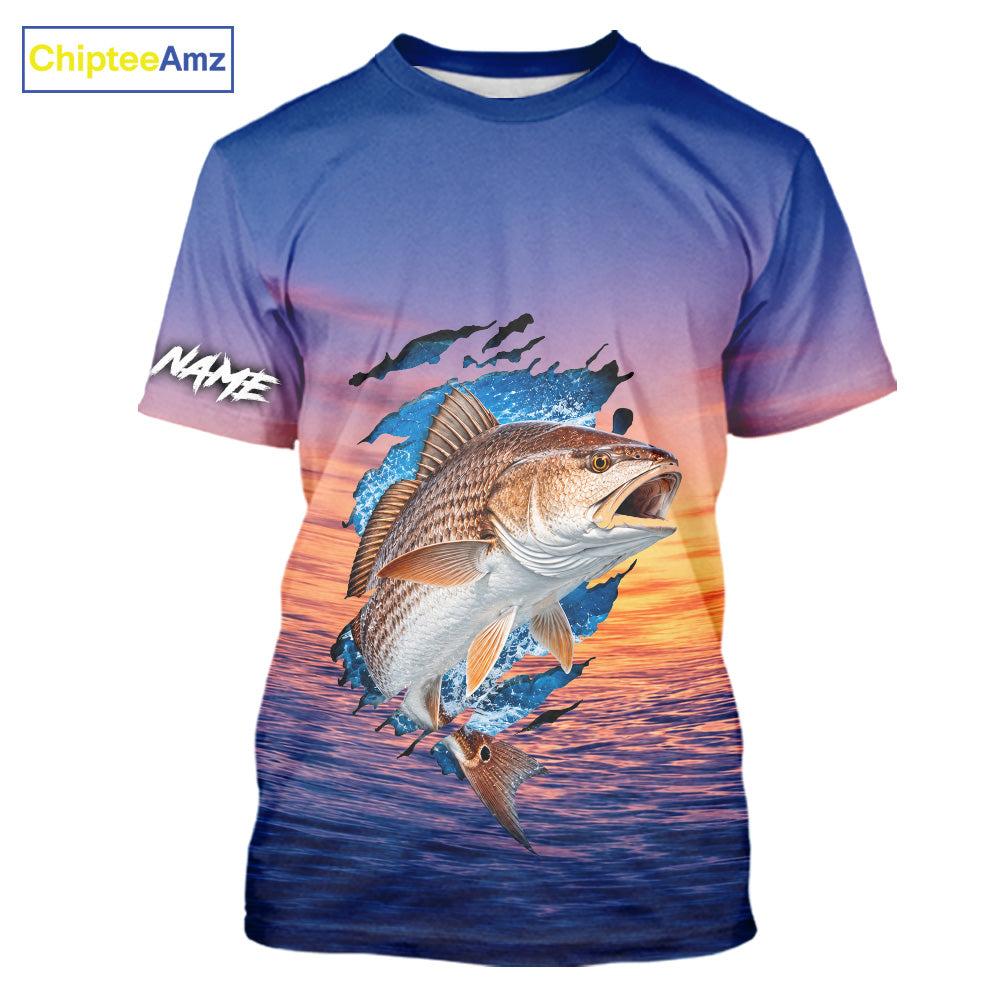 Redfish Fishing Sunset Custom Fishing T-Shirt, Redfish Offshore Fishing Apparel NBT855