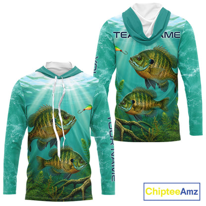 Front and back view Custom Bluegill Fishing Jersey long sleeve hooded tournament shirt, bluegill fishing jersey with UPF protection