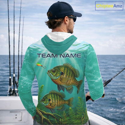 Angler wearing Custom Bluegill Fishing Jersey long sleeve hooded tournament fishing shirt with personalized name on the sleeve.