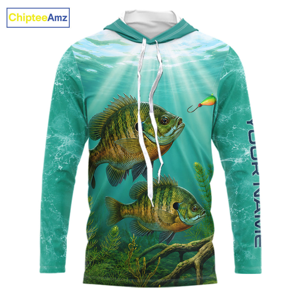 Front view Custom Bluegill Fishing Jersey long sleeve hooded tournament shirt, bluegill fishing jersey with UPF protection
