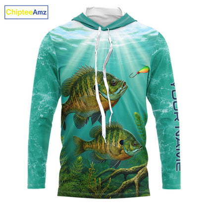 Front view Custom Bluegill Fishing Jersey long sleeve hooded tournament shirt, bluegill fishing jersey with UPF protection