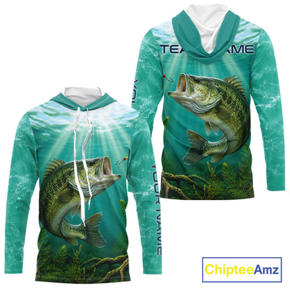 Front and back view Custom Bass Fishing Jersey long sleeve hooded tournament shirt, bass fishing jersey with UPF protection