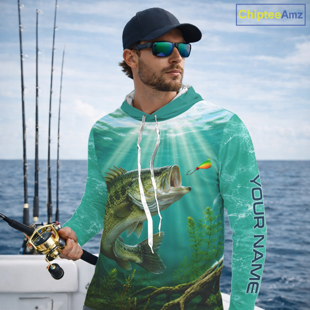 Angler wearing Custom Bass Fishing Jersey long sleeve hooded tournament fishing shirt with personalized name on the sleeve.
