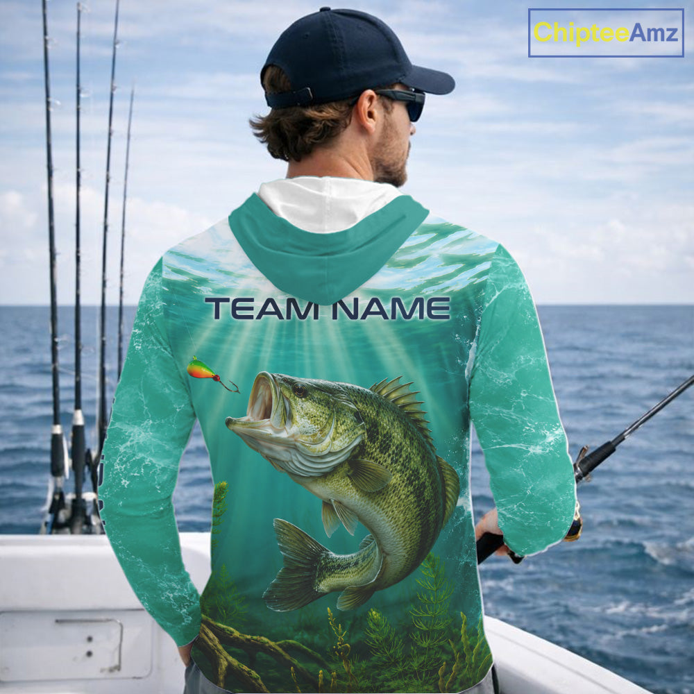 Angler wearing Custom Bass Fishing Jersey long sleeve hooded tournament fishing shirt with personalized name on the sleeve.