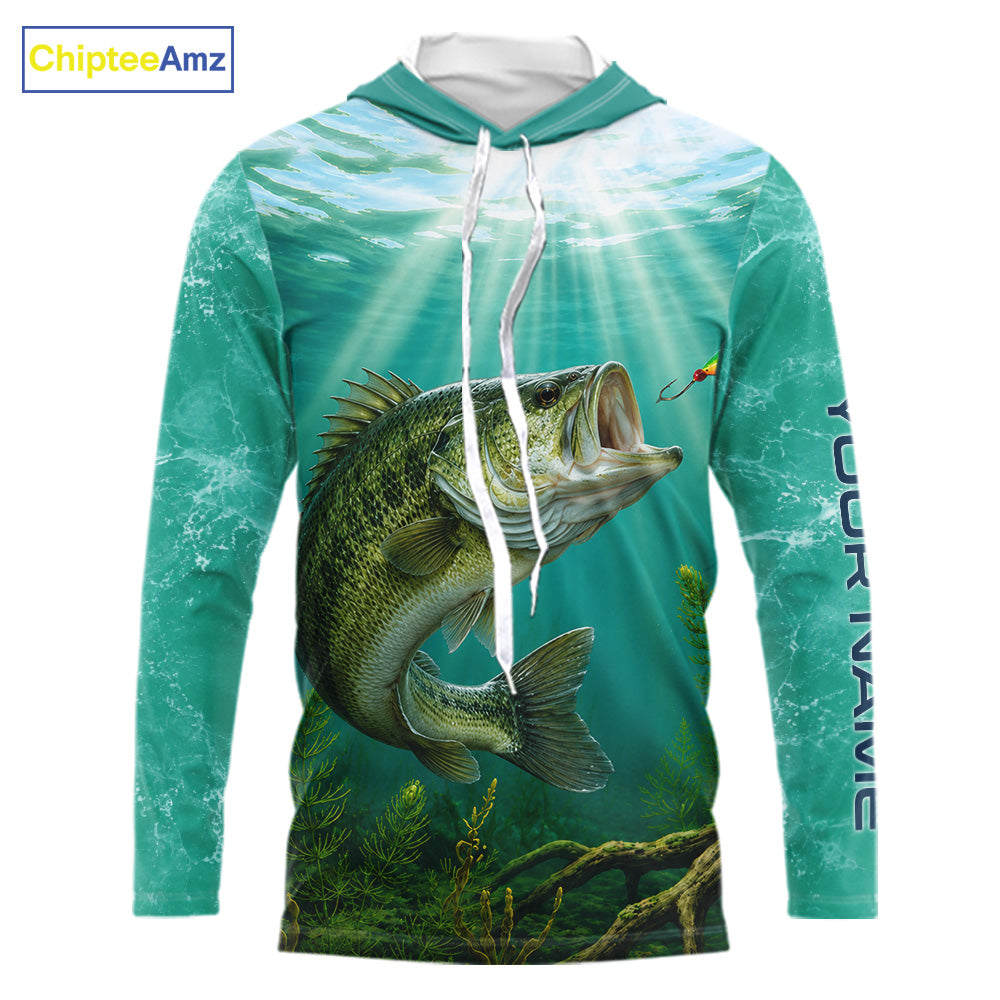 Front view Custom Bass Fishing Jersey long sleeve hooded tournament shirt, bass fishing jersey with UPF protection
