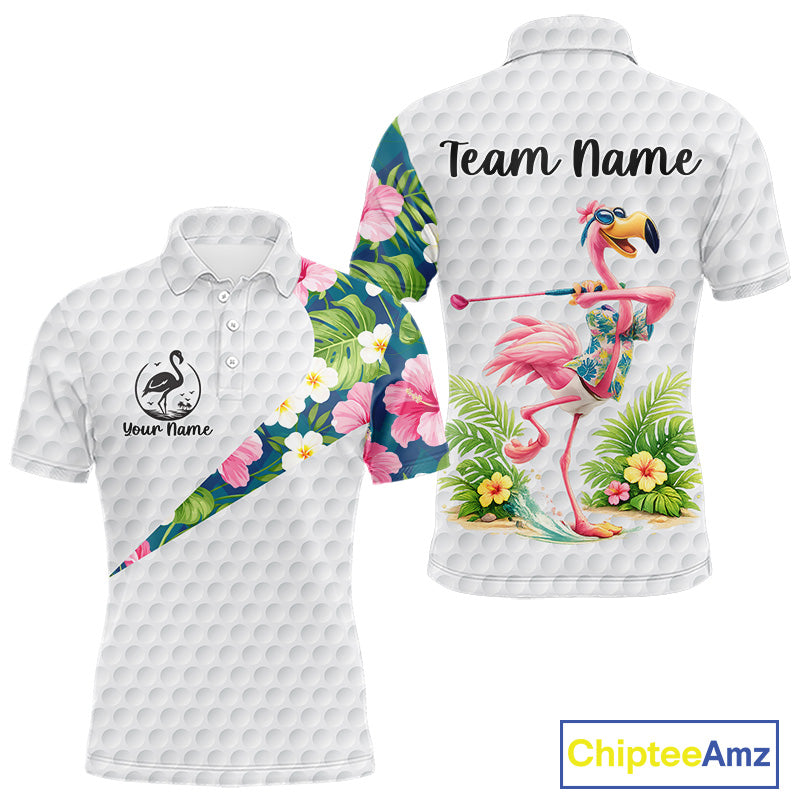 Funny Mens Golf Polo Shirt Custom Tropical Flamingo Pattern White Golf Shirts NBT521