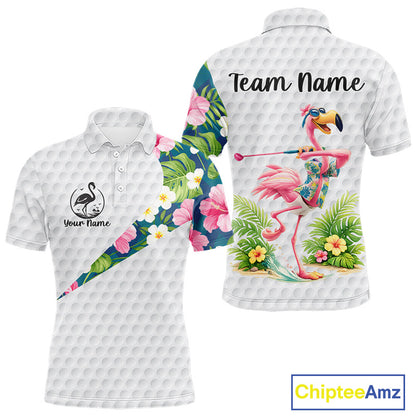 Funny Mens Golf Polo Shirt Custom Tropical Flamingo Pattern White Golf Shirts NBT521