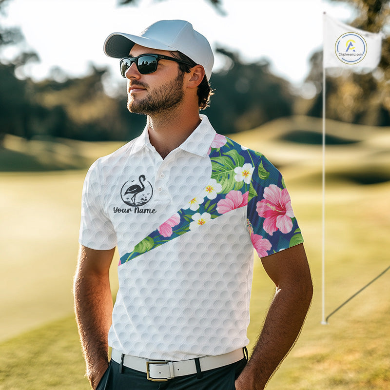 Funny Mens Golf Polo Shirt Custom Tropical Flamingo Pattern White Golf Shirts NBT521