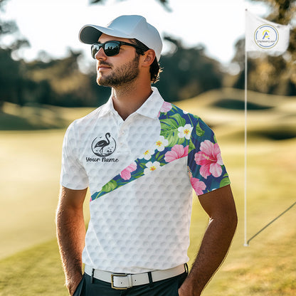 Funny Mens Golf Polo Shirt Custom Tropical Flamingo Pattern White Golf Shirts NBT521