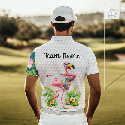 Funny Mens Golf Polo Shirt Custom Tropical Flamingo Pattern White Golf Shirts NBT521