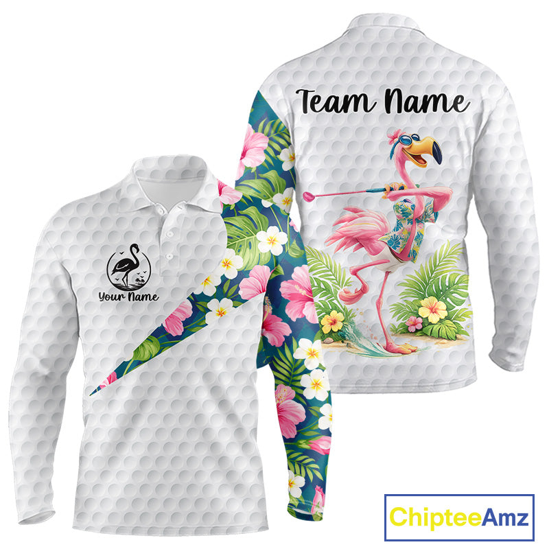 Funny Mens Golf Polo Shirt Custom Tropical Flamingo Pattern White Golf Shirts NBT521