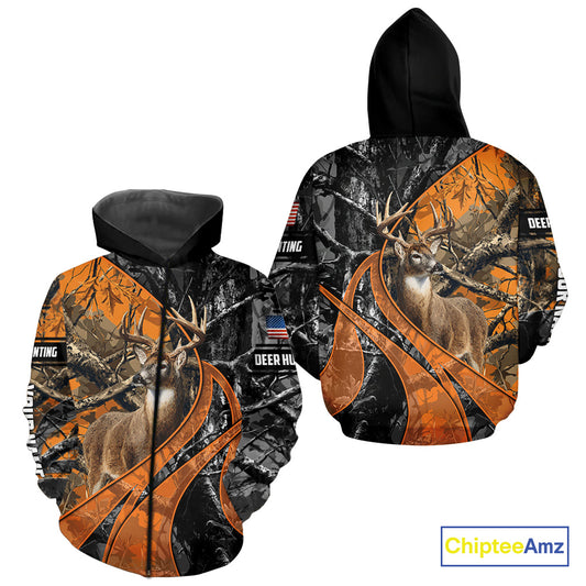 Whitetail Deer Hunting Orange and Black Camo Shirts with US Flag, Personalized Hunting Shirt NBT68