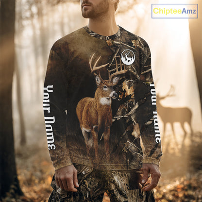 Deer Hunting Brown Camouflage Custom Name 3D Printing Shirt for Men, Deer Hunting Gifts NBT160