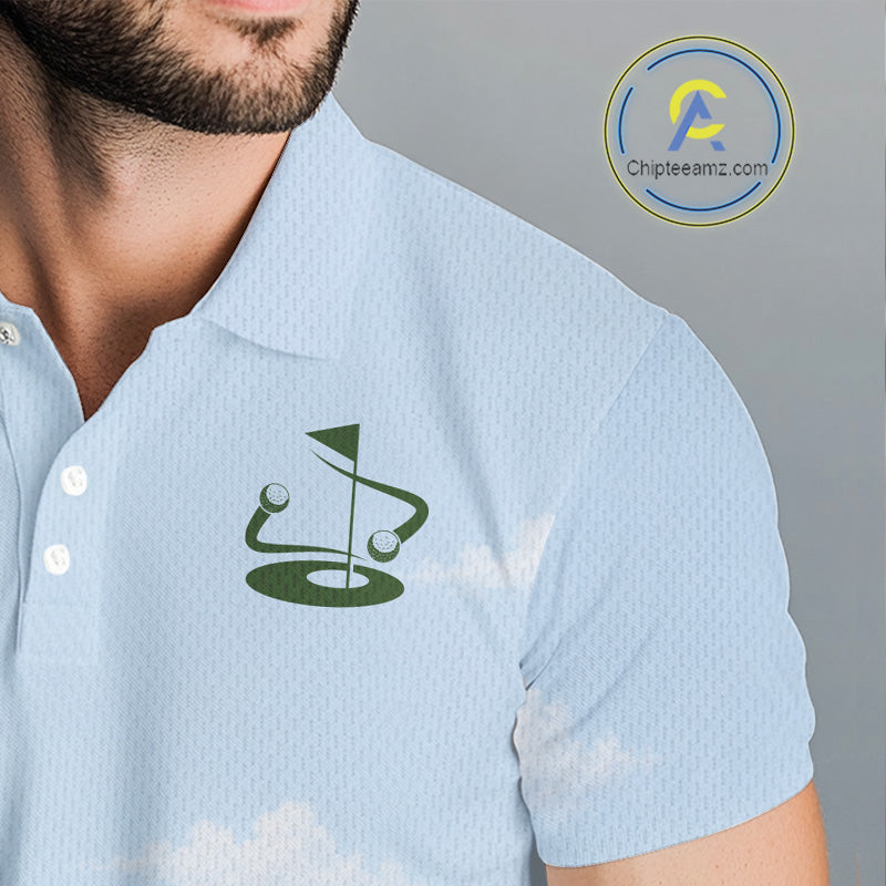 Light blue polo shirt with a green logo on a background