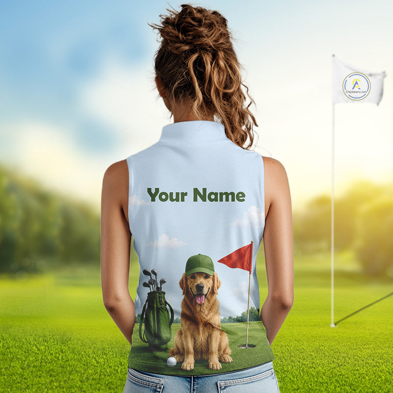 Woman wearing a sleeveless shirt with a dog and golf course design on a golf course.