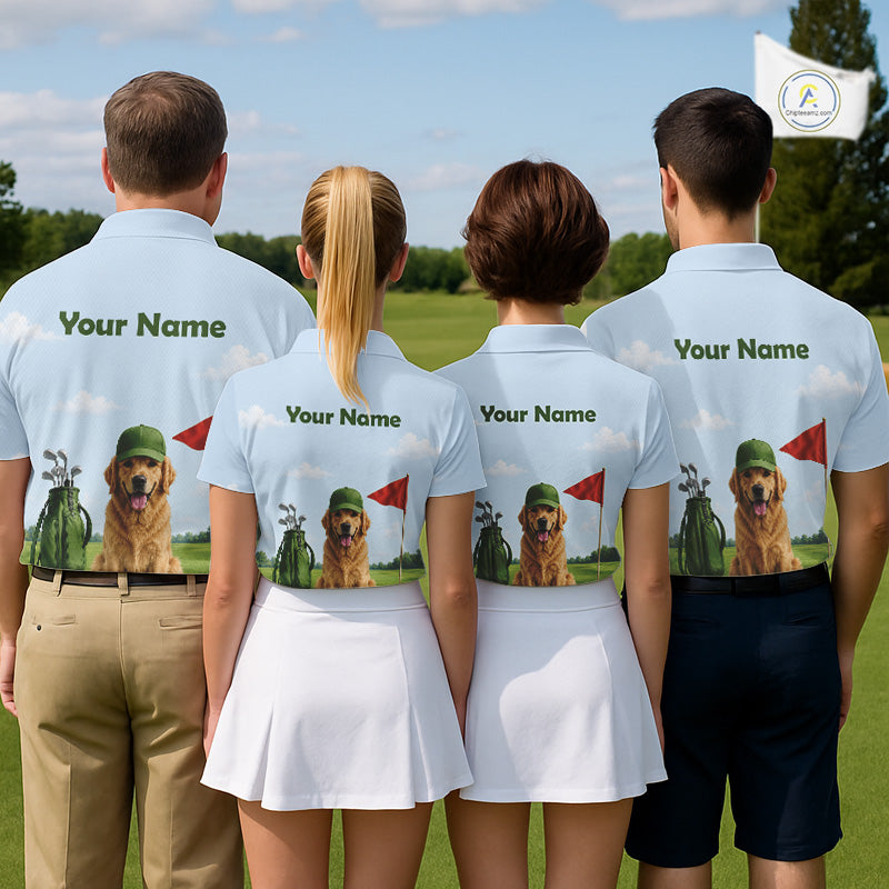 Four people wearing matching golf-themed shirts with a dog and golf club graphic on a golf course.
