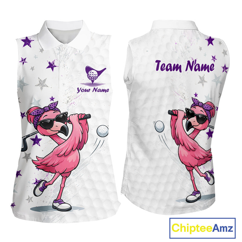 Two golf shirts with a pink flamingo design and 'Team Name' text on a white background.