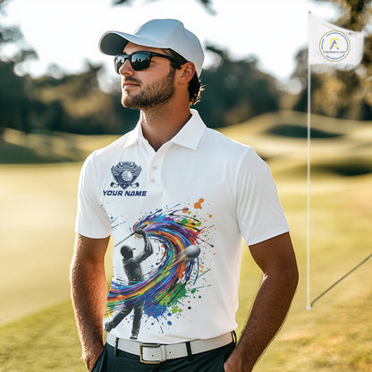 Mens Golf Polo Shirt Watercolor Golfer Golf Pattern Custom Name White Golf Shirt, Golf Gifts NBT685