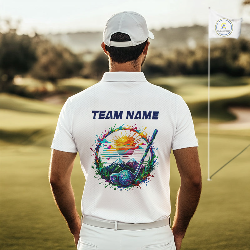 Mens Golf Polo Shirt Watercolor Golfer Golf Pattern Custom Name White Golf Shirt, Golf Gifts NBT685