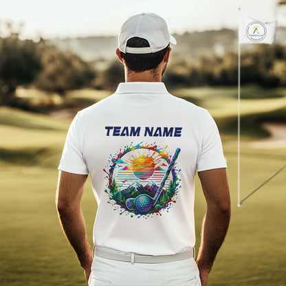 Mens Golf Polo Shirt Watercolor Golfer Golf Pattern Custom Name White Golf Shirt, Golf Gifts NBT685