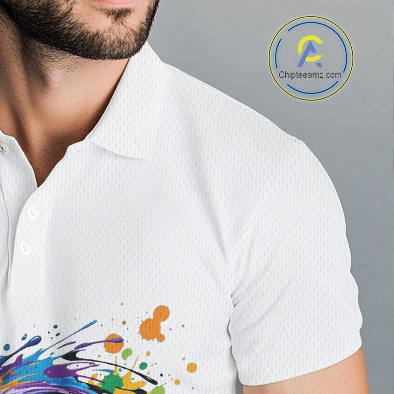 Mens Golf Polo Shirt Watercolor Golfer Golf Pattern Custom Name White Golf Shirt, Golf Gifts NBT685