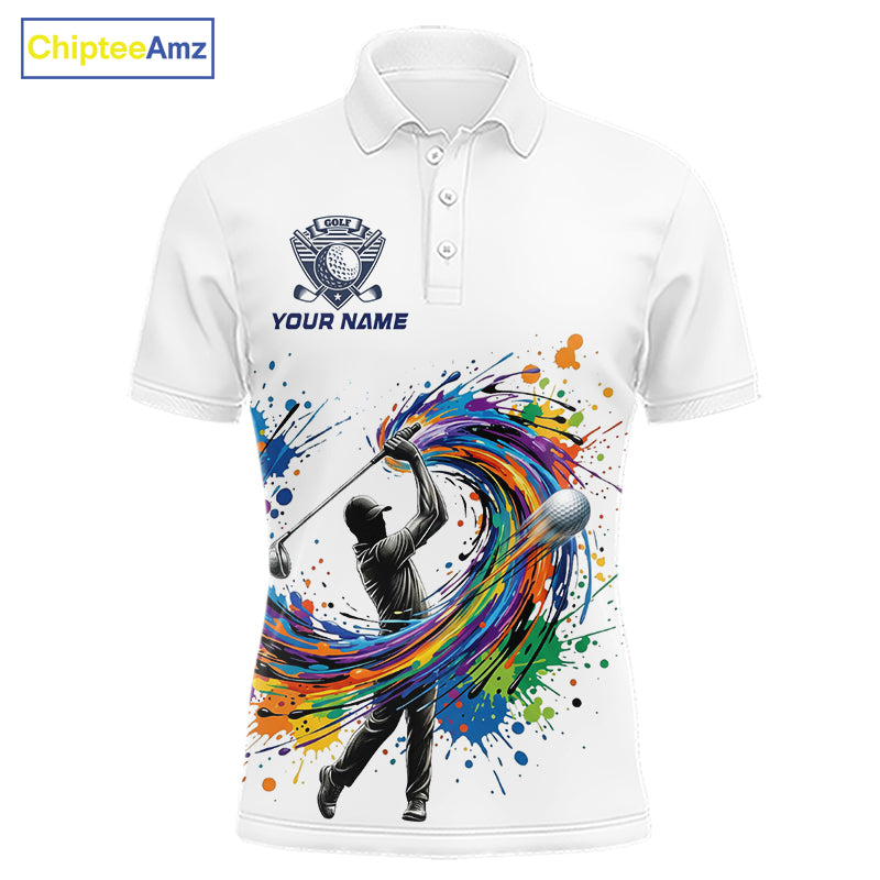 Mens Golf Polo Shirt Watercolor Golfer Golf Pattern Custom Name White Golf Shirt, Golf Gifts NBT685