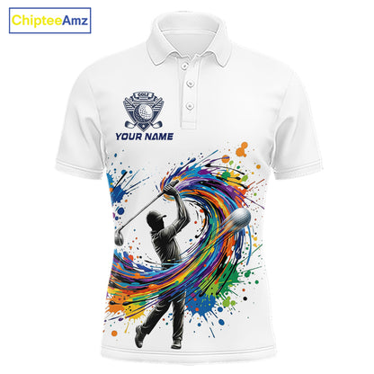 Mens Golf Polo Shirt Watercolor Golfer Golf Pattern Custom Name White Golf Shirt, Golf Gifts NBT685