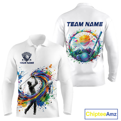 Mens Golf Polo Shirt Watercolor Golfer Golf Pattern Custom Name White Golf Shirt, Golf Gifts NBT685
