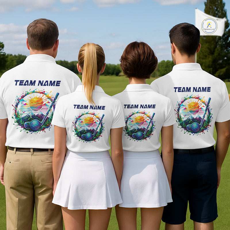Mens Golf Polo Shirt Watercolor Golfer Golf Pattern Custom Name White Golf Shirt, Golf Gifts NBT685