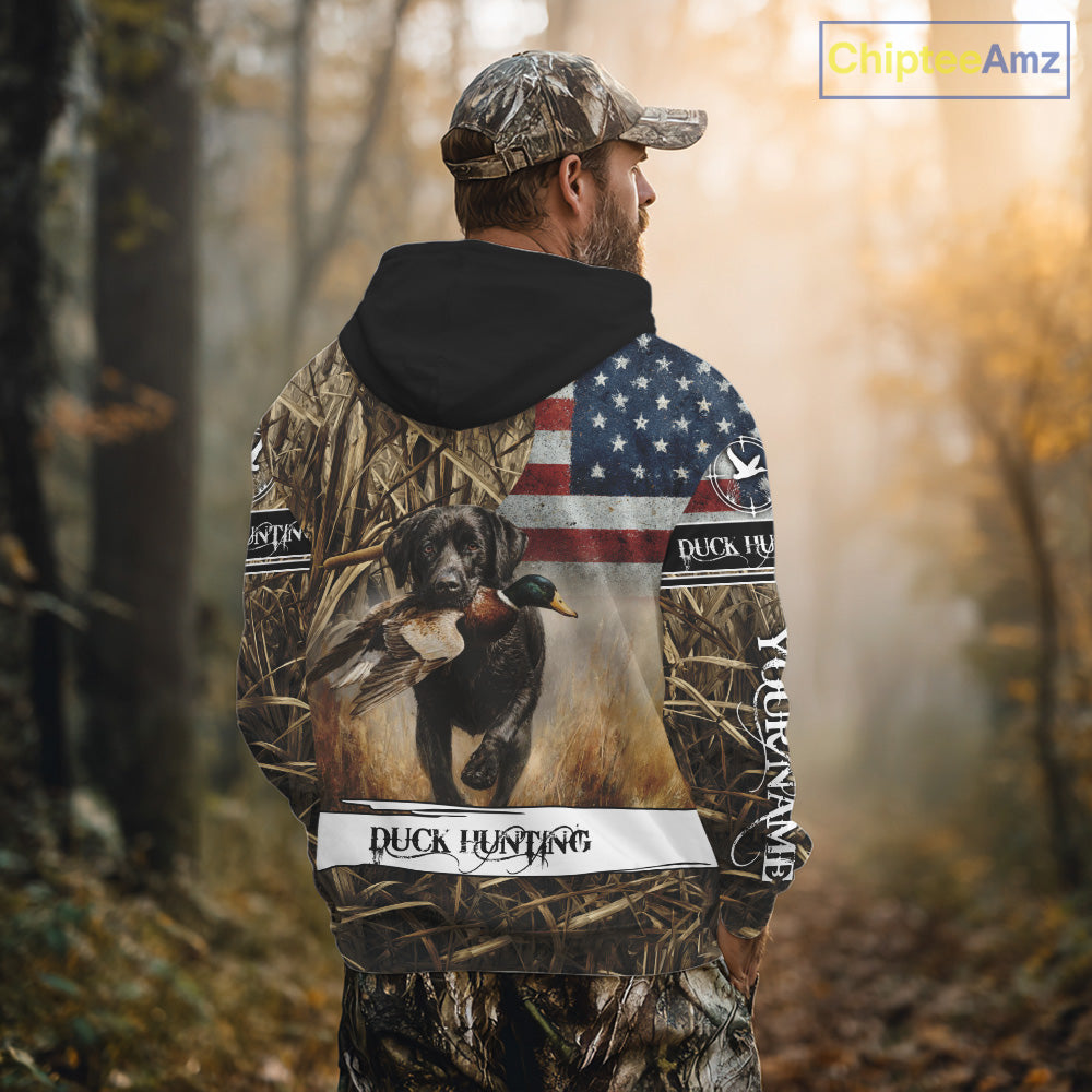 Duck Hunting Waterfowl Camo US Flag Black Labrador Retriever Dog Shirts, Duck Hunting Gifts NBT80